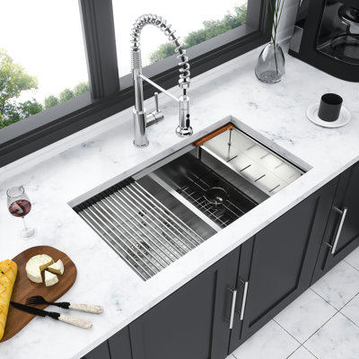Double Bowl  50/50  Undermount Kitchen Sink 33"X19" 16 Gauge T304 Stainless Steel With 10" Deep Basin, Flat Apron Front For Style, X - Shaped Water Guide, Coating To From Condensation, Pad, Package