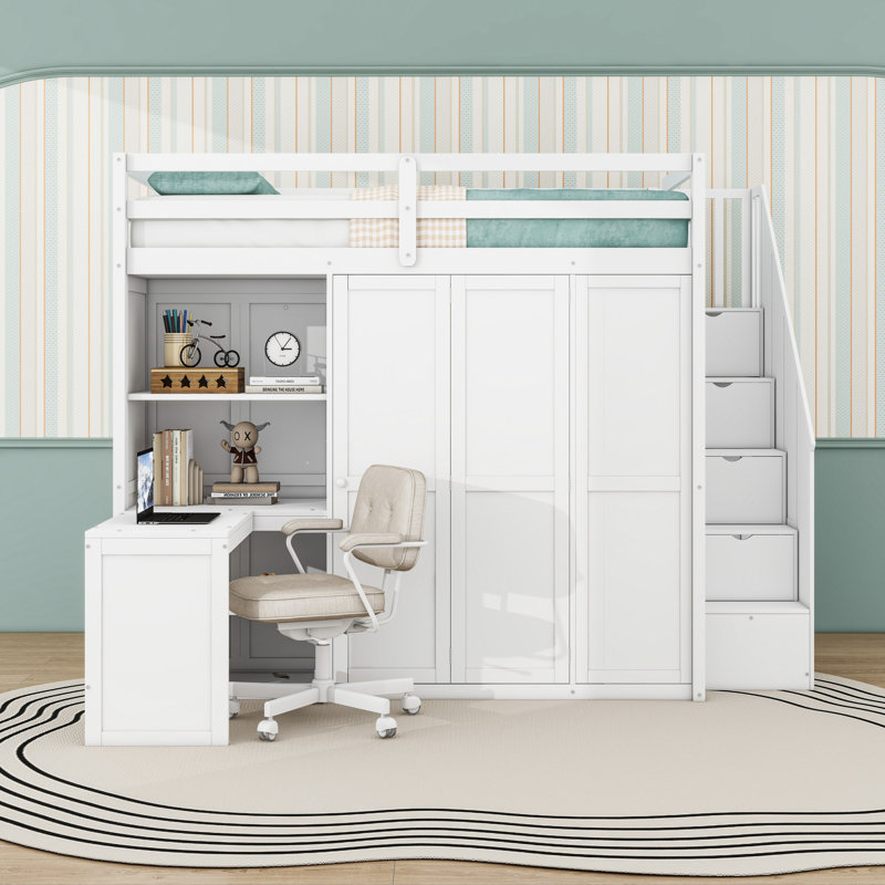 Lit mezzanine avec garde-robe, bureau et tablettes, Blanc