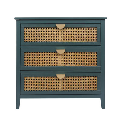 Stylish 3 Drawer Cabinet With Natural Rattan And American Design, Versatile For Bedroom, Living Room, And Study.