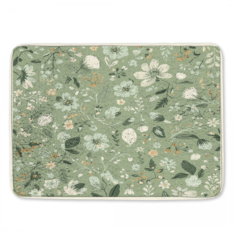 Green Floral Pattern Bath Mat, 24in W x 17in L