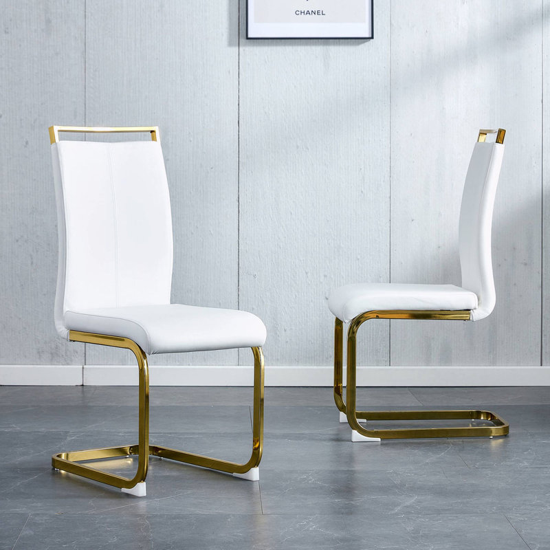 PU Faux Leather High Back Upholstered Dining Chair, Gold, White, 2