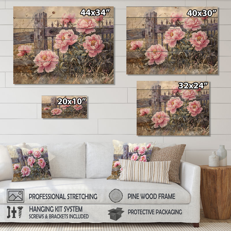 Pivoines près de la ferme I - reproduction de bois de pivoines - sur bois de pin naturel, H 30 po x l 40 po