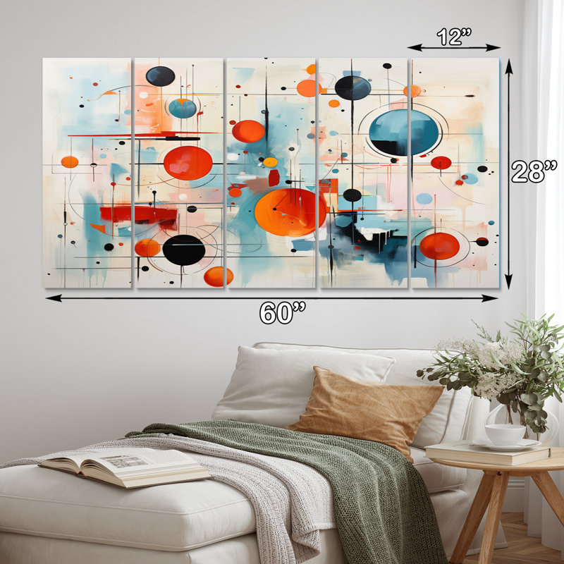«Colorful Mid Century Abstract Atomic II», reproduction sur toile tendue de 5 pièces