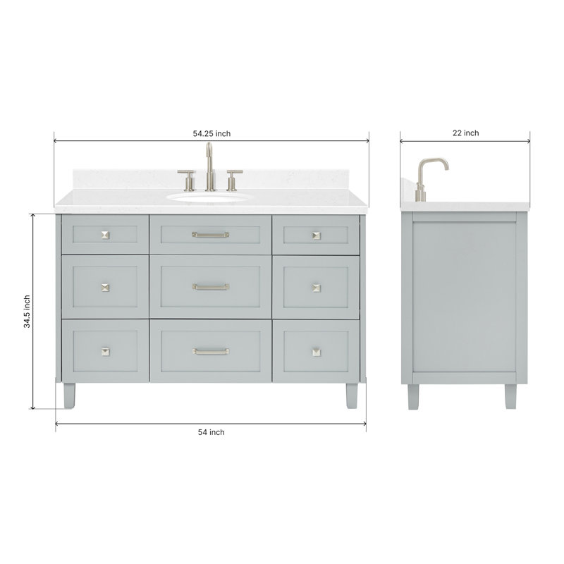 ARIEL Monroe 54 Single Sink Bathroom Vanity with Carrara Quartz Top, Gray, 54" - 55", Carrara White Quartz
