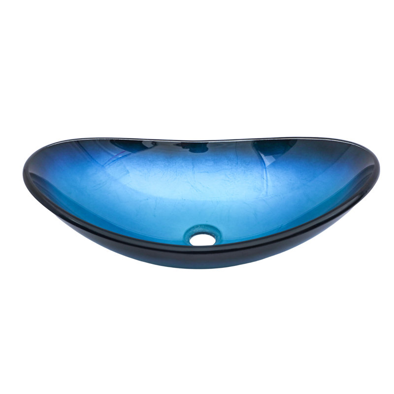 Bathroom Artistic Tempered Glass Blue Vessel Bathroom Sink Pop-Up Drain, Blue, Black