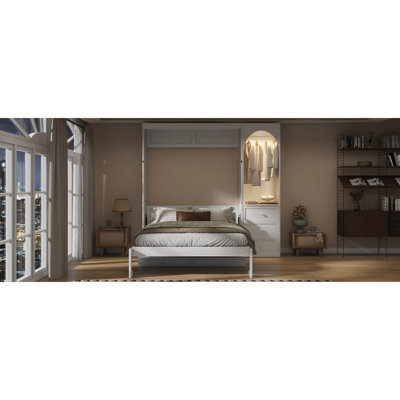 Grand lit escamotable grand avec tablette Stoarge, tringle pour garde-robe à DEL et 3 tiroirs, blanc (ETA: 6,24)