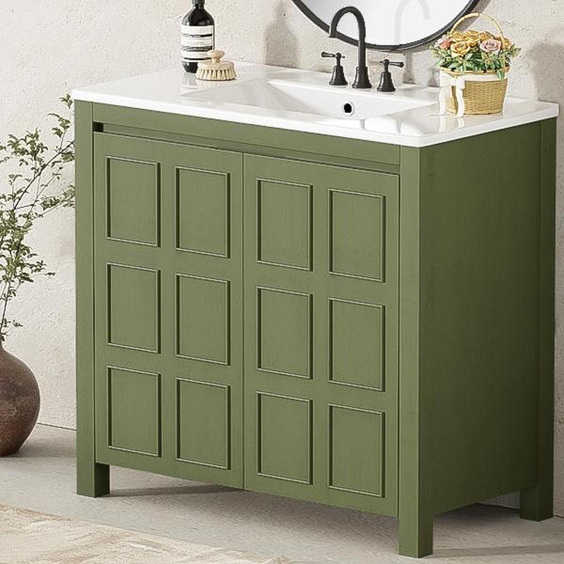 Organisateur de meuble-lavabo 36 po avec lavabo en céramique, ensemble d'armoire de rangement, vert olive, Vert olive