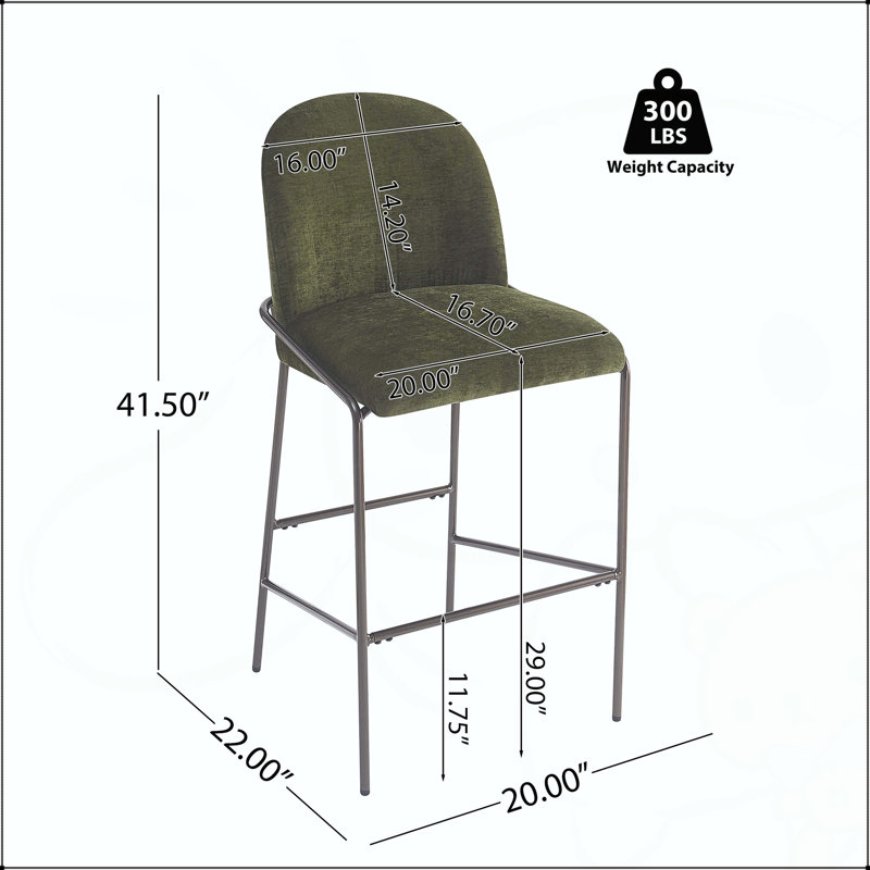 Ensemble de 2 tabourets de bar en métal bronze antique avec siège en tissu vert, Green
