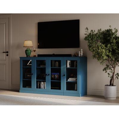 Meuble télé 100% bois massif avec portes en verre transparent et tablettes réglables pour téléviseur de 65 po ou moins