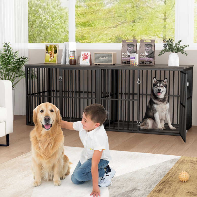 86.7" Double Dog Crate Furniture For 2 Large Dogs, Rustic Brown, Gray/Black