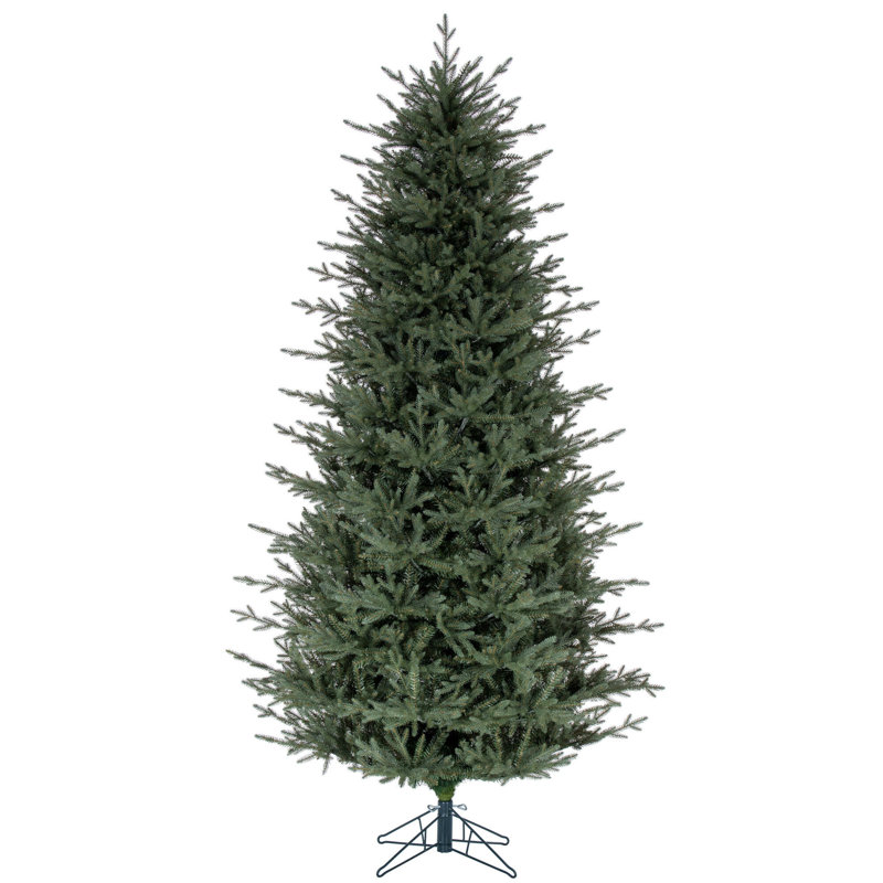 Vickerman 9.5' x 60" Slim Itasca Fraser Fir Artificial Pre-Lit Christmas Tree with 1050 Warm White LED Mini Lights, 3076 Realistic PE/PVC Tips, 6' Step On/Off Power Cord and Folding Metal Tree Stand. Assembly is required.