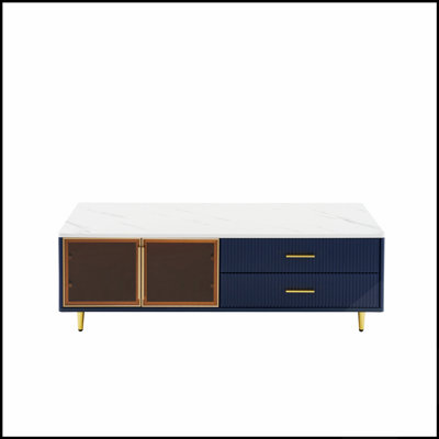 Table basse moderne bleu marine avec 2 portes de rangement en verre, 4 tiroirs et pieds en métal doré pour un décor élégant