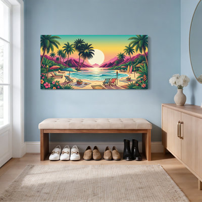 Tropical Beach Sunset Palm Trees And Mountains Canvas Wrapped Wall Art Oil Painting Print Set Of 1