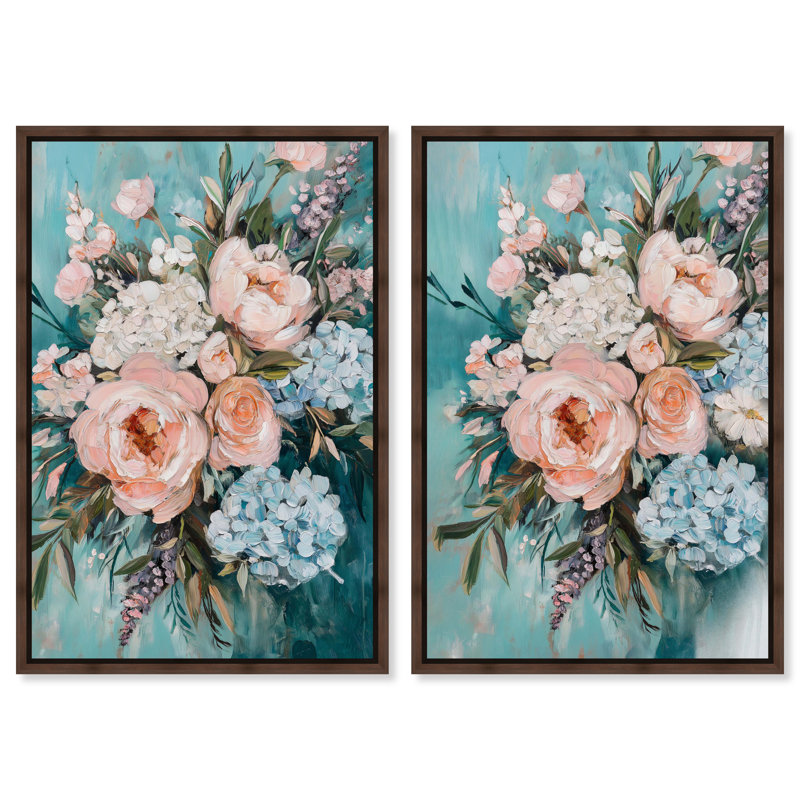 Teal Teal Elegant Floral Duet, H 16 po x l 11 po, Cadre noyer
