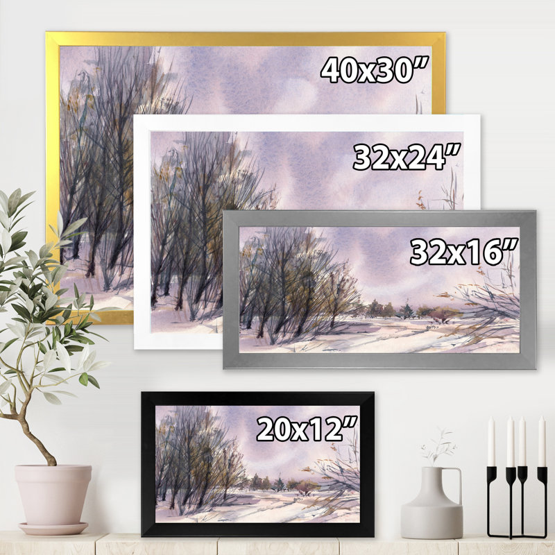 Paysage d'hiver avec des tons de neige mauves - peinture sur toile, H 30 po x l 40 po x 1,5 po, Toile blanche encadrée