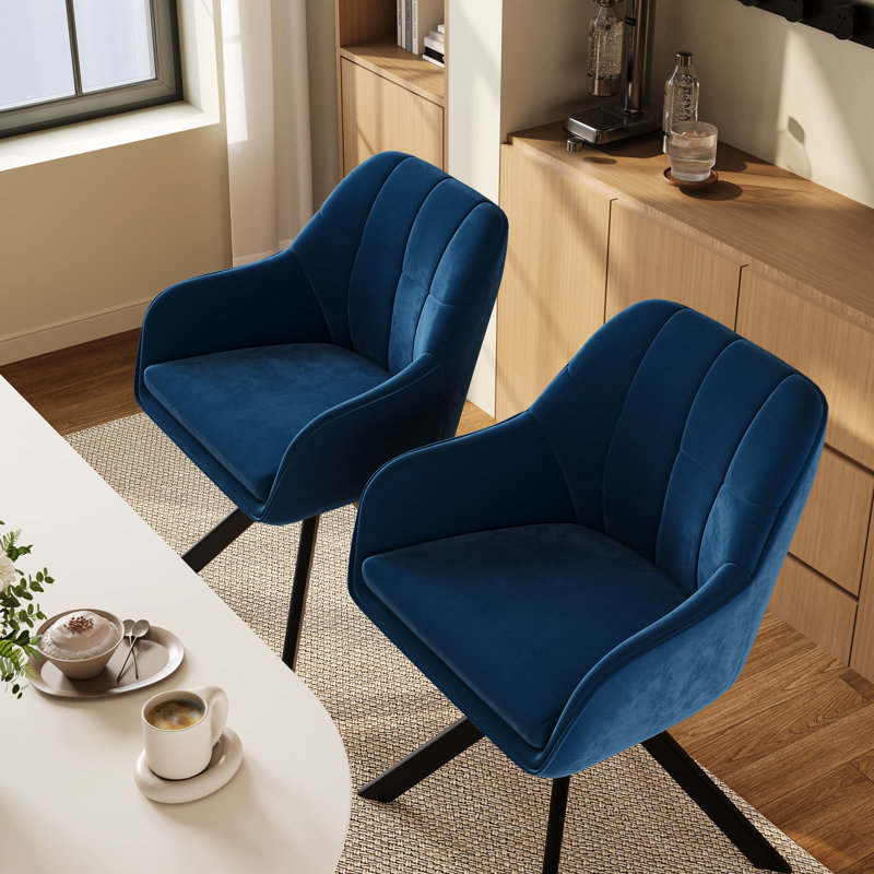 51cm H Upholstered Arm Dining Chair, Blue, Velvet