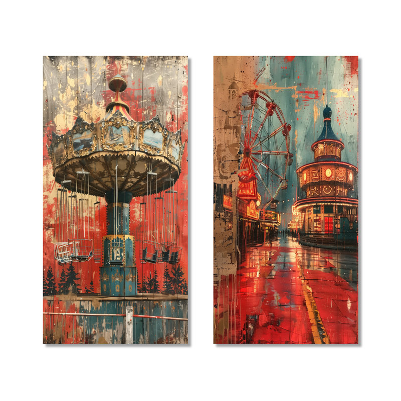Carrousel rétro rouge et bleu, parcs d'attractions I - Carnaval, ensemble de 2 décorations murales en métal, 32" H x 32" W