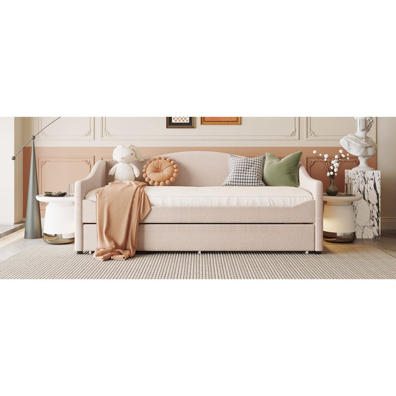 Lit de jour rembourré en molleton avec lumière et couchette Teddy, Lit simple, Beige