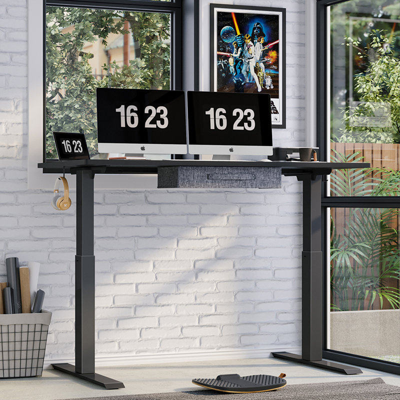 Bureau debout à hauteur ajustable avec tiroir, Noir / Noir, H 27,7 po x l 63 po x P 24 po