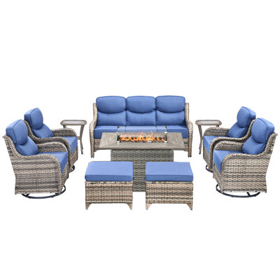 10 Pieces Patio Furniture Set, Outdoor Wicker Sofa Couch With Swivel Chairs 41" Fire Pit Table, All Weather High Back Modern Conversation Sets, Rattan