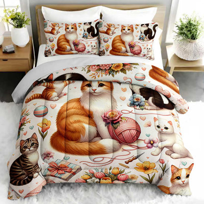 Cute Cat Comforter Set, Whimsical Cat Bedding Set with 2 Pillow Cases, Soft and Machine Washable Bedding, All Seasons Comforter for Room Decor