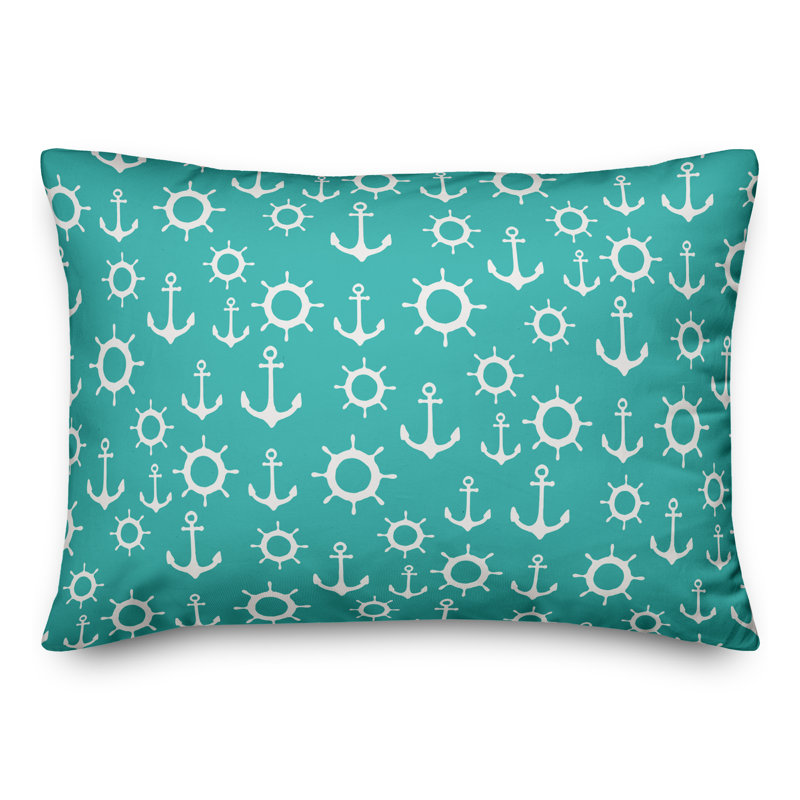  Coussin lombaire intérieur / extérieur Nautical Anchor, Bleu-vert/Blanc, Polyester / Bourre en polyester