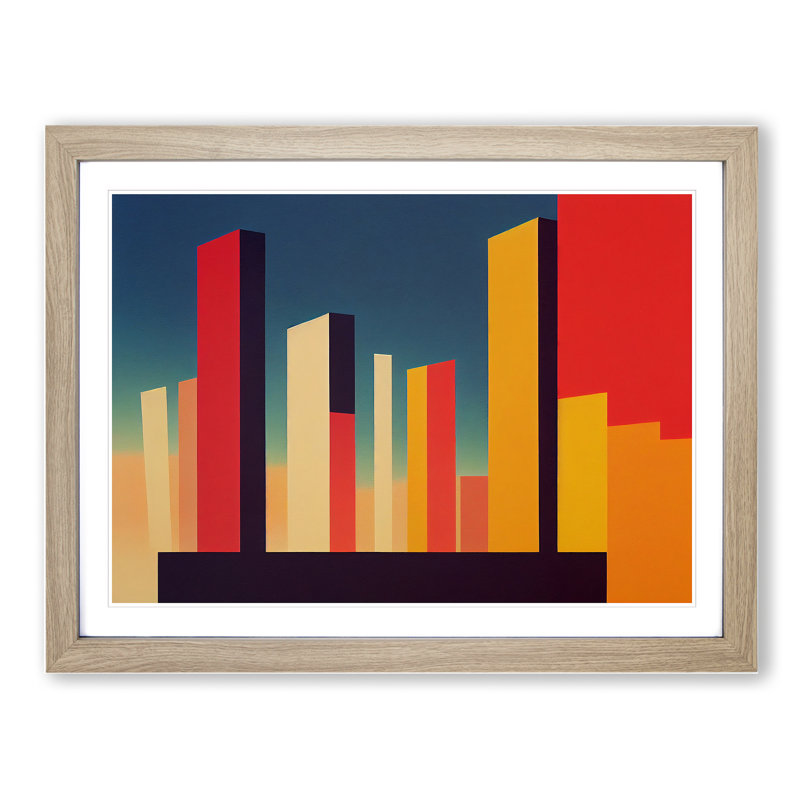 Pleasing Abstract City Skyline - Single Picture Frame Print, 46cm H x 64cm W x 2cm D, Oak Framed