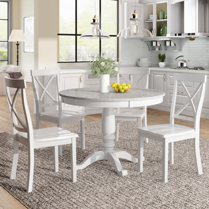 Ensemble de table à manger et de chaises 5 pièces pour 4 personnes, table de cuisine en bois massif avec 4 chaises, Blanc
