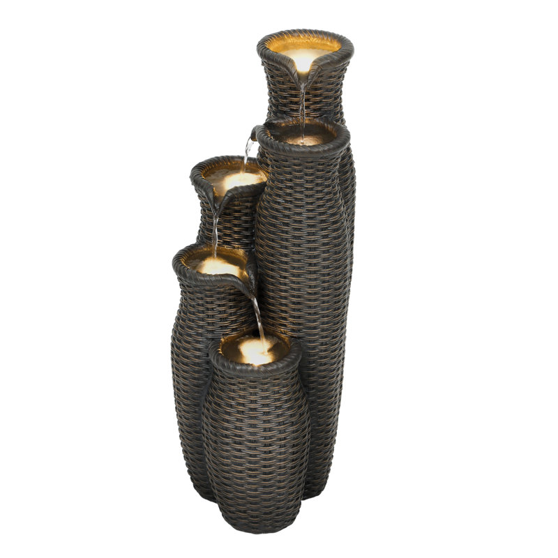 33"H Faux Rattan Vase Resin Outdoor Fountain with LED Light, Brown, 32.87" H x 12.01" W x 14.76" D
