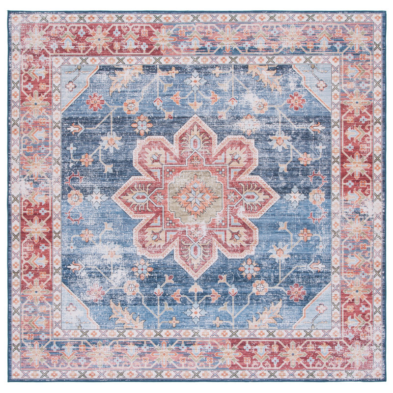 Deblois Oriental Blue/Rust Area Rug, Square 6'