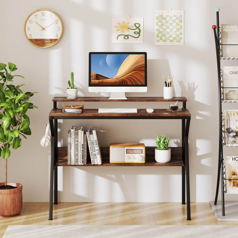 Bureau personnel avec support pour moniteur, tablette ouverte et structure en métal, crochet pour écouteurs, Brun