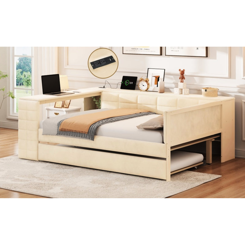 Lit plateforme tapissier pleine grandeur beige avec tablettes de rangement, station de charge et lit gigogne, confortable pour se détendre dans le rangement, charge de bureau, chambres partagées gigognes