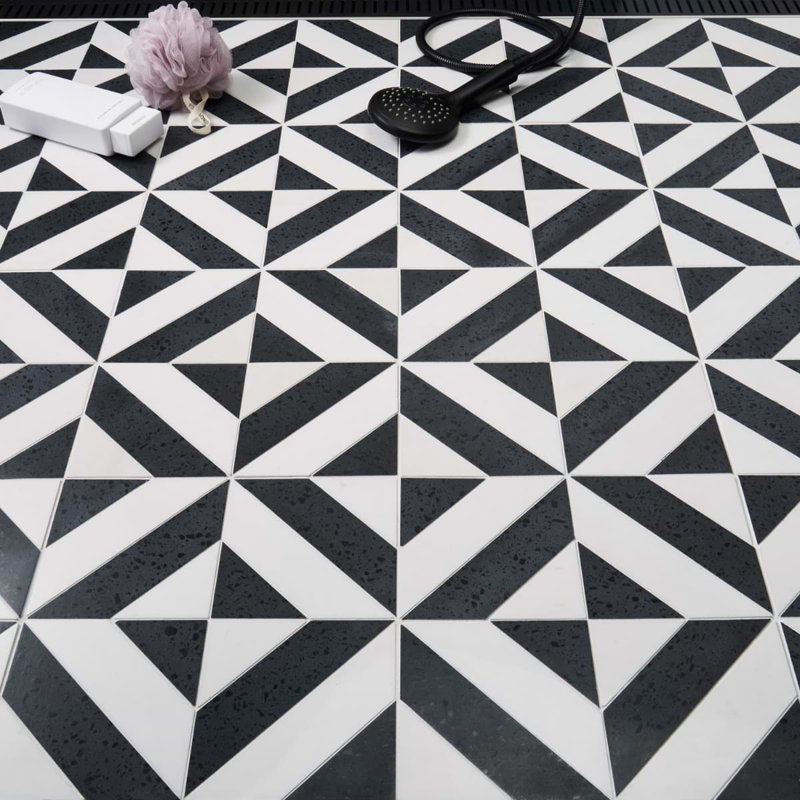 Cleopatra 12x12 Diagonal Polished Encaustic Look Marble Mosaic Tile, Diagonal Pepper Black