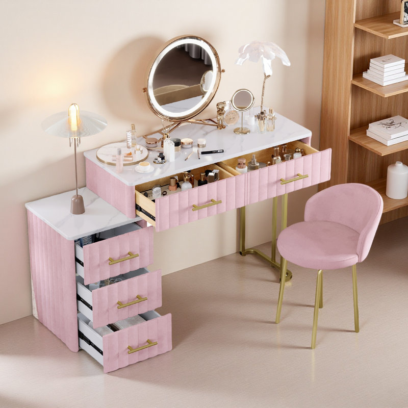 Ensemble de coiffeuse avec 5 tiroirs et une chaise, Blanc / Rose