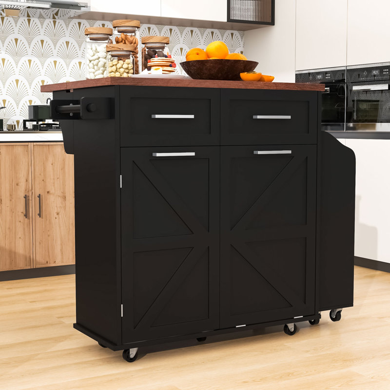 Multi-Functional Kitchen Island with Drop Leaf, Spacious Storage, Black