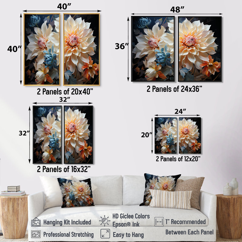 Dahlia's Colorful Symphony - art mural sur toile blanche, Impression encadrée flottante, Silver, 36" H x 48" W