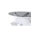 Table basse ronde artistique en forme de X. Verre trempé gris fumé + base en panneau de fibres à densité moyenne à motif de marbre bulgari blanc, table basse de salon luxueuse et légère.