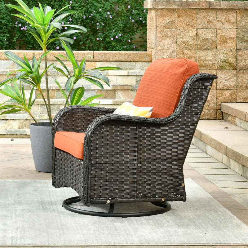 Rocking Swivel Patio Wicker Lounge Chairs With Cushions, Orange Red, Brown