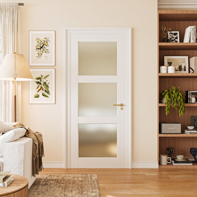 Porte intérieure standard en verre manufacturé à 3 dalles de verre givré avec noyau en bois manufacturé - H 24 po x H 80 po