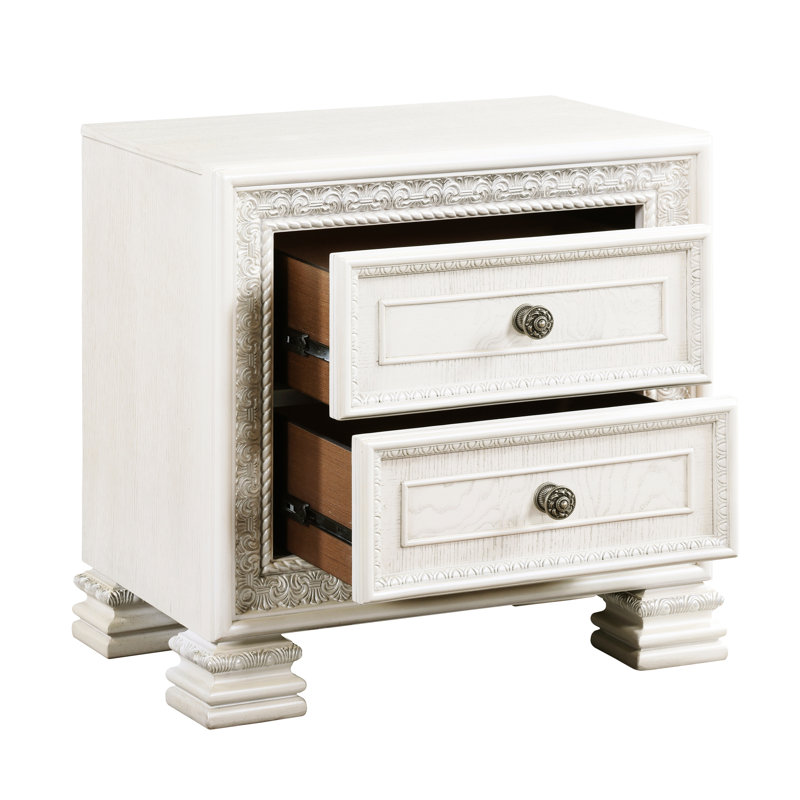 Table de chevet de chambre à coucher blanche avec fond en placage et 2 tiroirs perle antique