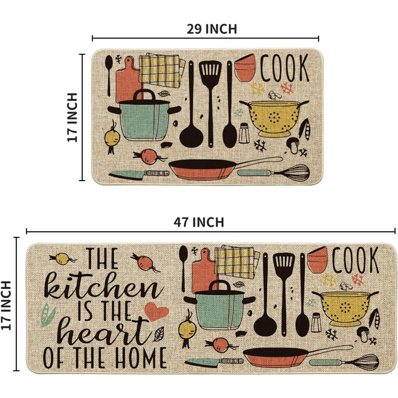 Beige Polyester and Rubber Kitchen Mats Set with Colorful Cooking Utensils Design