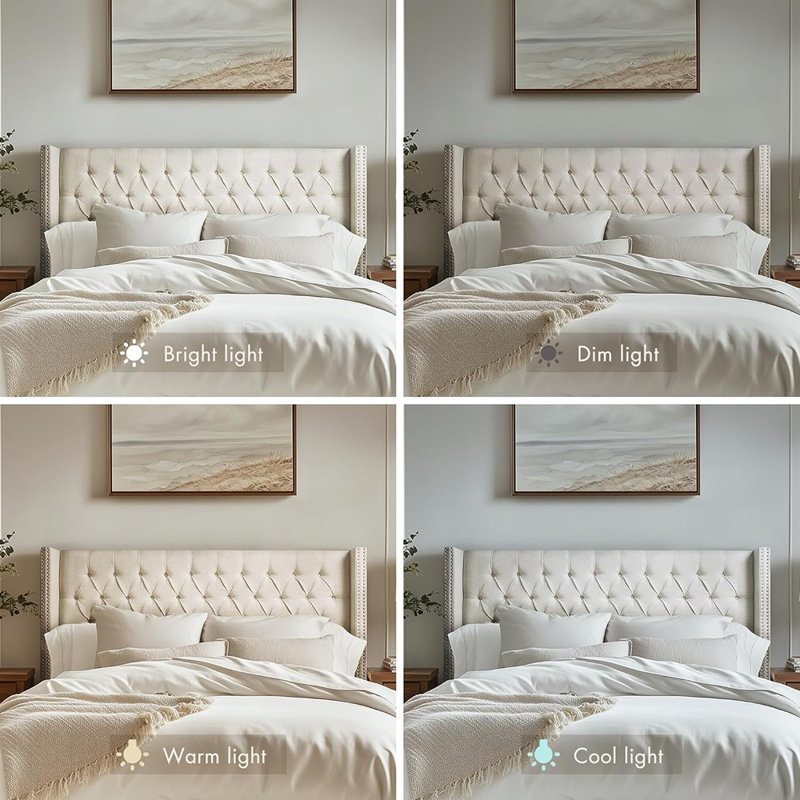 Cream Upholstered King Headboard – Button Tufted Wingback Style With Nail Head Trim Accents