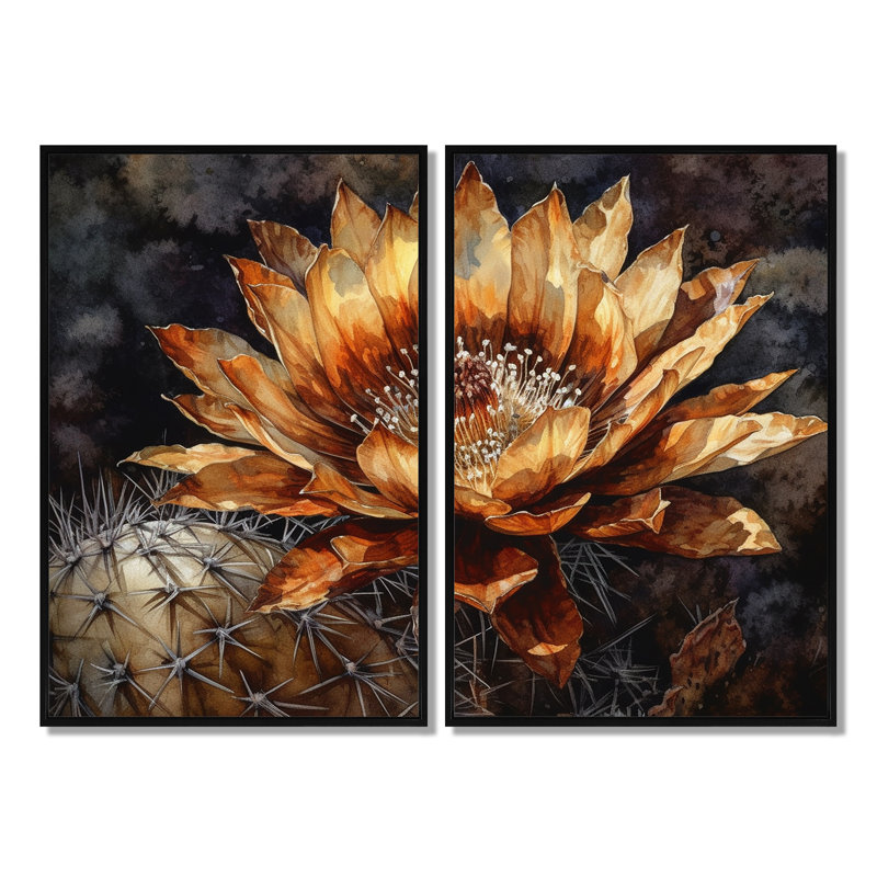 Art mural traditionnel brun avec fleur de cactus brun, Black, 36" H x 48" W, Impression encadrée flottante