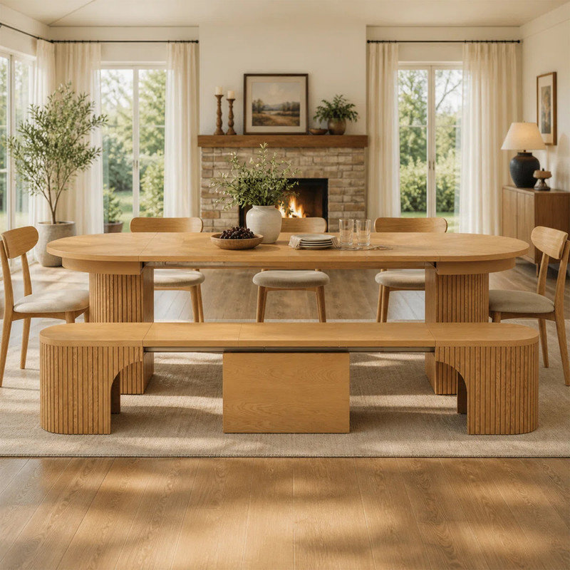 Ensemble de table de salle à manger et de banc extensible en bois massif 2 pièces Modern Modern