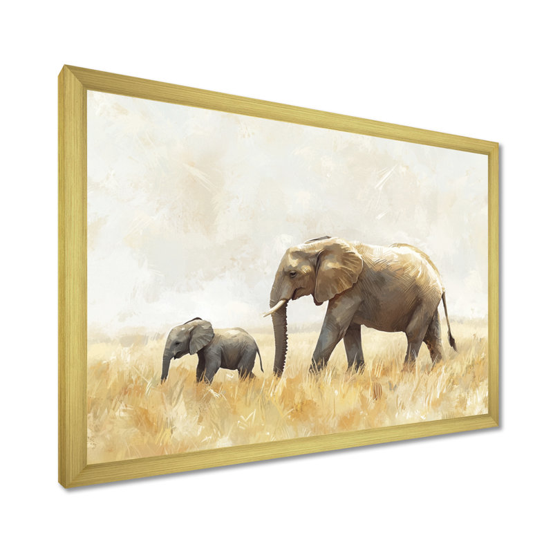 Éléphant avec son bébé en Afrique - Éléphant, art mural, H 24 po x l 32 po, Picture Framed Print, Doré