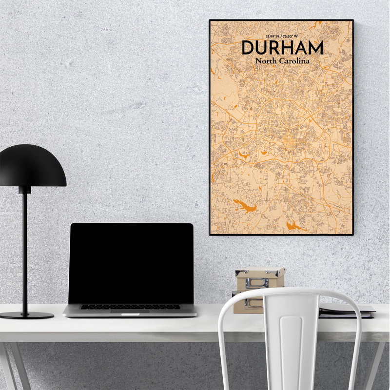 Durham City Map, impression, H 36 po x l 24 po, Orange / or pâle