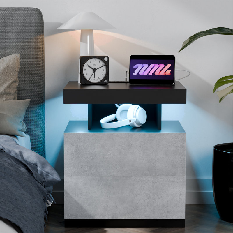 Chappa 2 - Drawer Nightstand with Wireless Charging Station & Smart LED Lights, Grey/Black