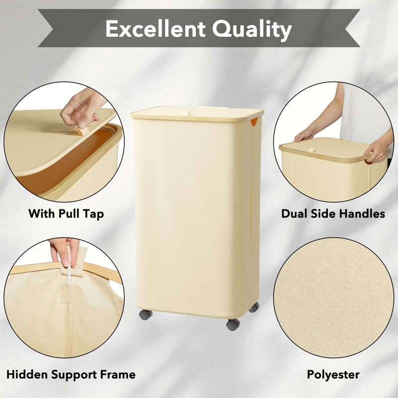 Laundry Hamper with Wheels and Lid, 26 Gallon Rolling Clothes Basket with Bamboo Handle for Bedroom, Bathroom, Dorm and Laundry Room