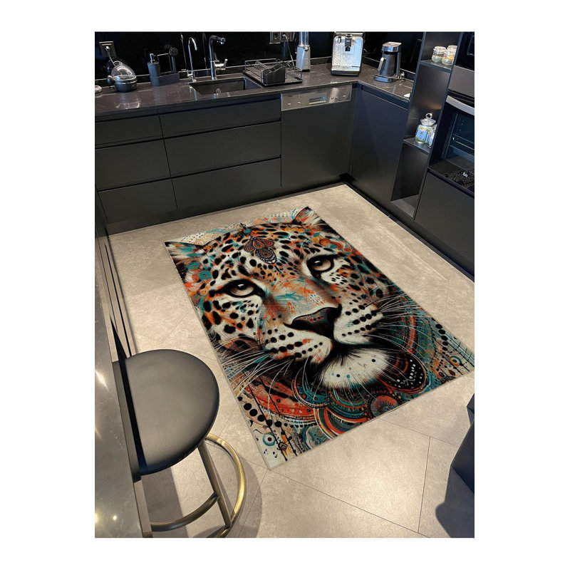 Tapis tissé à motif tigre multicolore et lavable à la machine, Sous-tapis rectangulaire de 3 pi 3 po x 4 pi 11 po