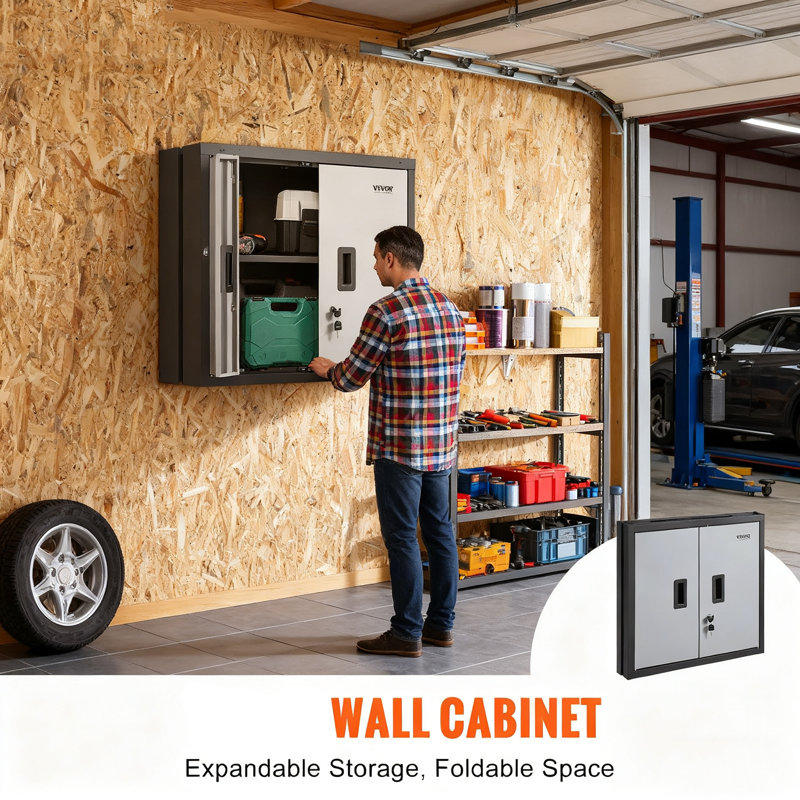 Armoire murale pliable en métal de 29,14 po x 28,94 po x 4,93 po avec tablette réglable, 4 portes magnétiques et serrure (2 clés), parfaite pour le garage / bureau / maison, Scratch / Rangement d'outils résistant à la corrosion